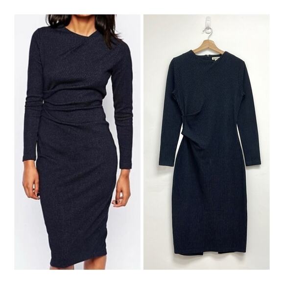 WHISTLES Pinstripe Professional Fitted Long Sleeve Sheath Midi Pencil Dress US6 - Picture 1 of 14